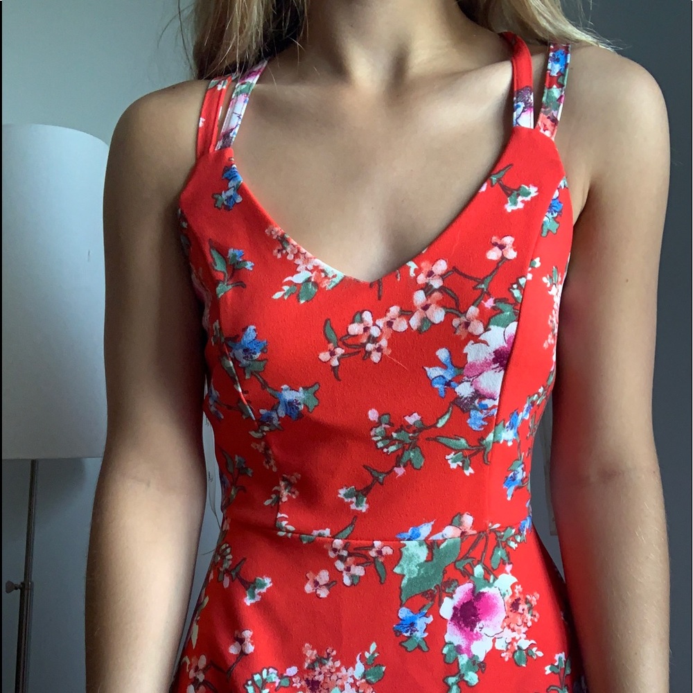 Red floral strap dress.